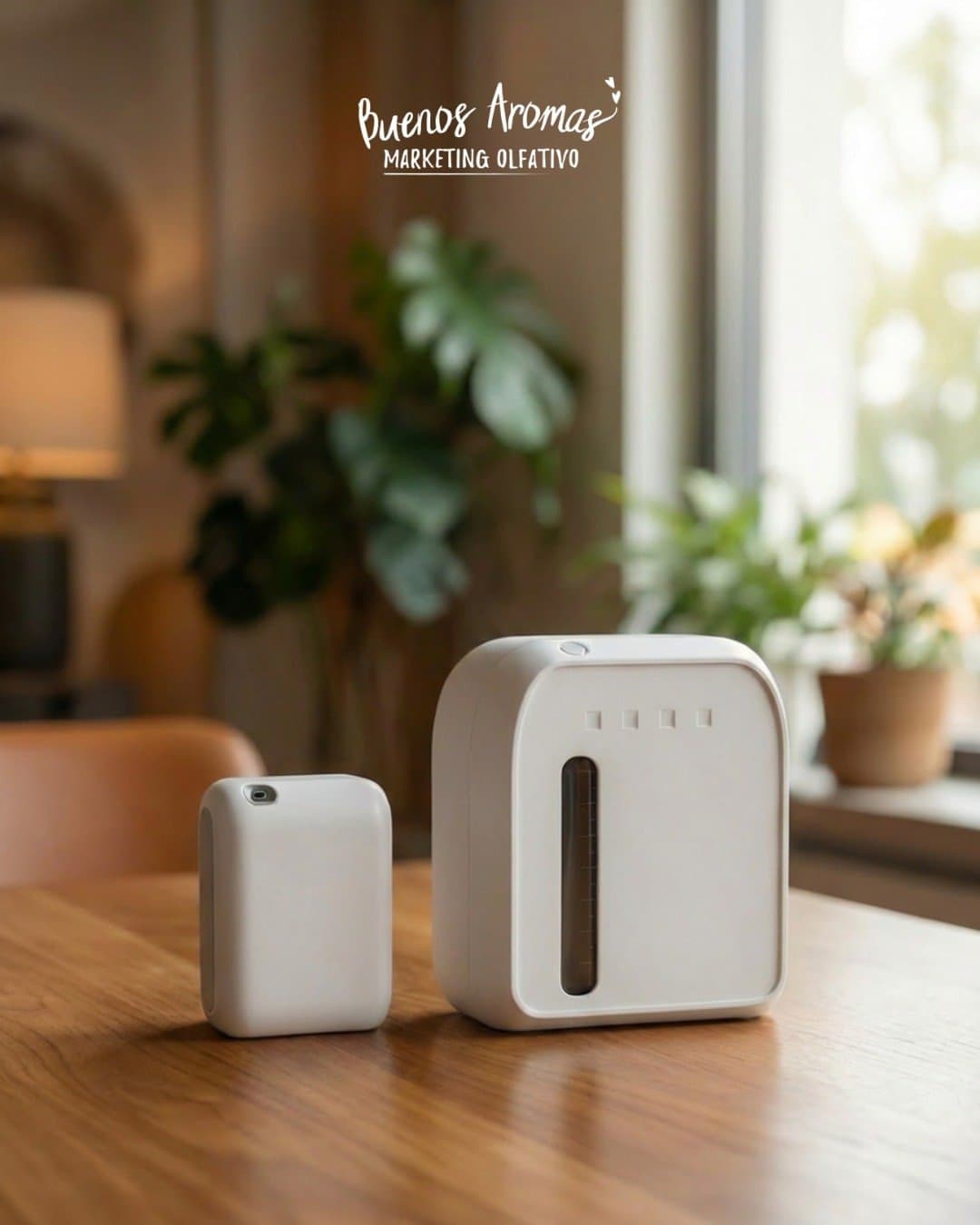 Los dos equipos aromatizadores, chico y grande, sobre una mesa de madera con luz cálida